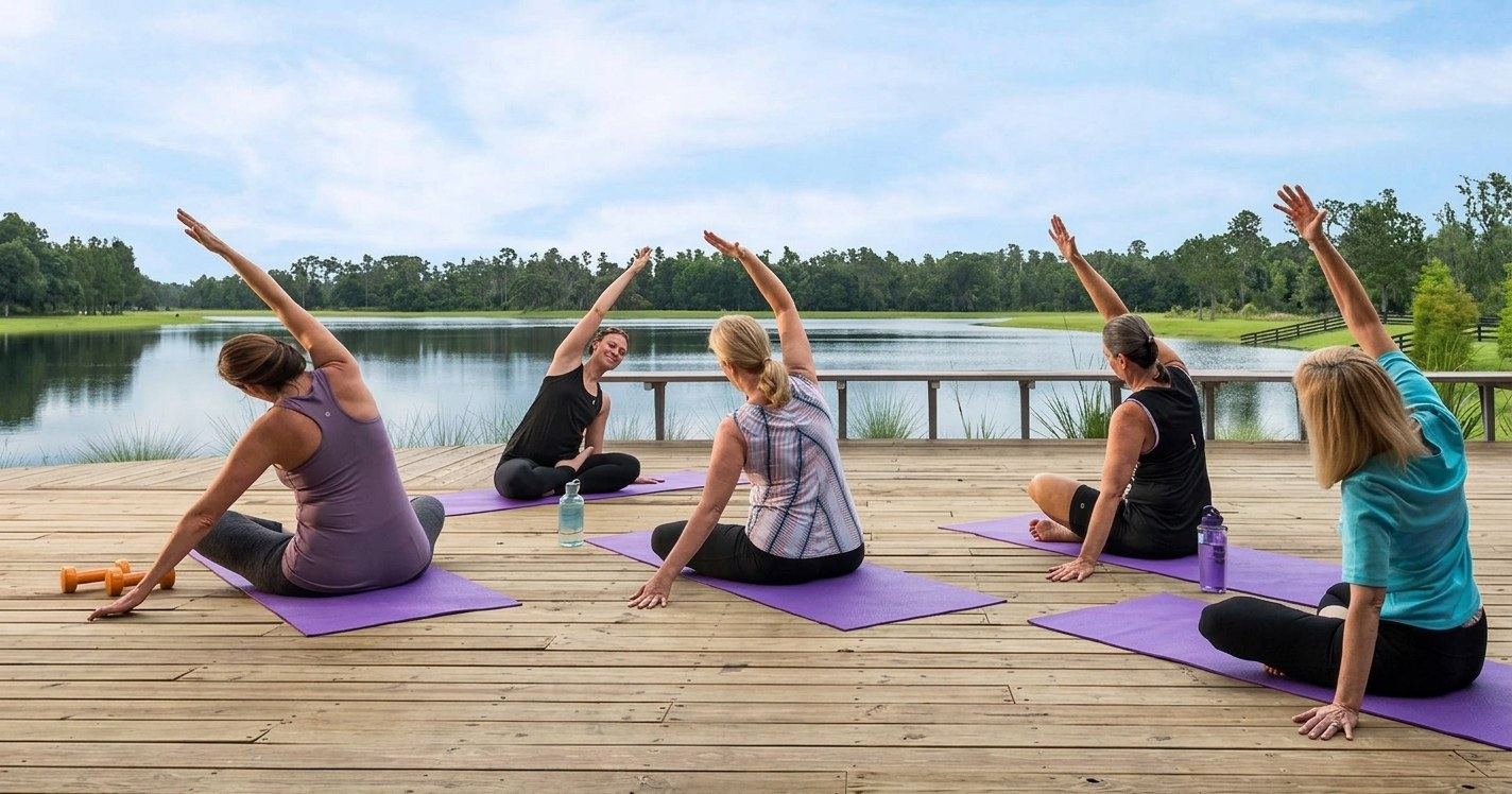 A morning yoga class on a lakeside dock in Starkey Ranch, participants reaching skyward over the water.